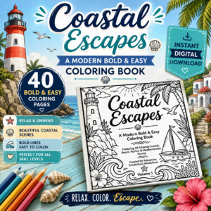 Coastal Escapes – 40 Bold & Easy Coastal Coloring Pages | Printable PDF | Instant Digital Download | Adult Relaxation Coloring Book