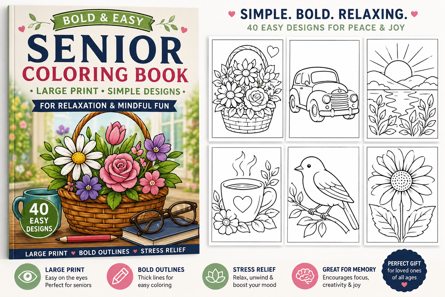 Bold & Easy Senior Coloring Book – 40 Large Print Simple Coloring Pages - Image 2