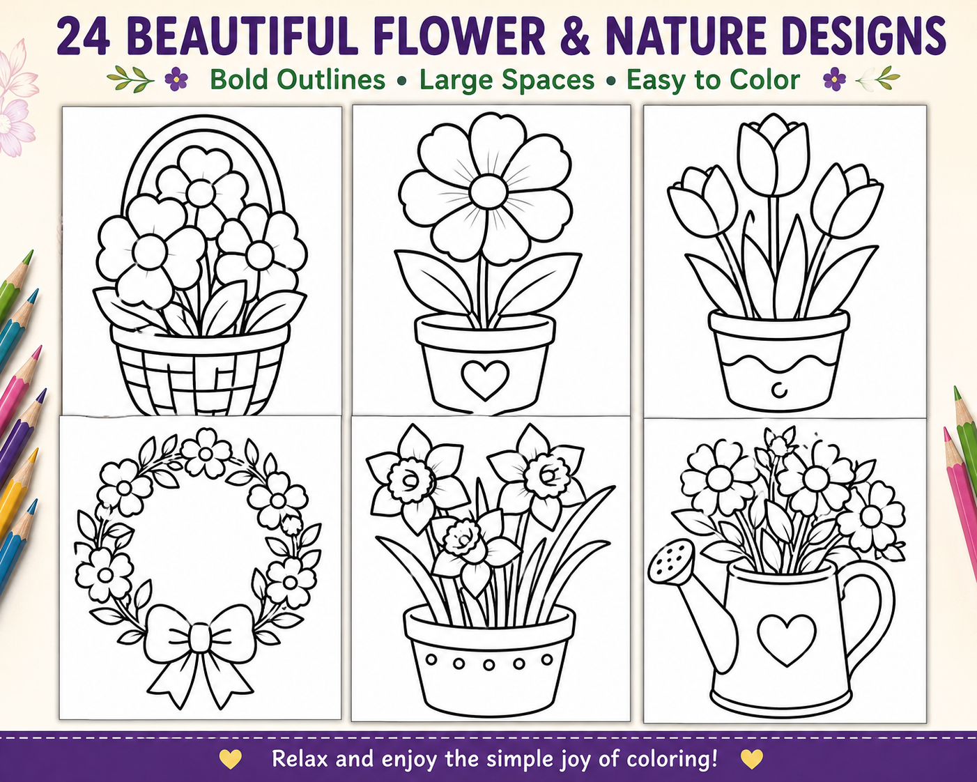 Large Print Flower Coloring Book – 24 Easy Printable Coloring Pages for Seniors, Adults & Beginners - Image 2