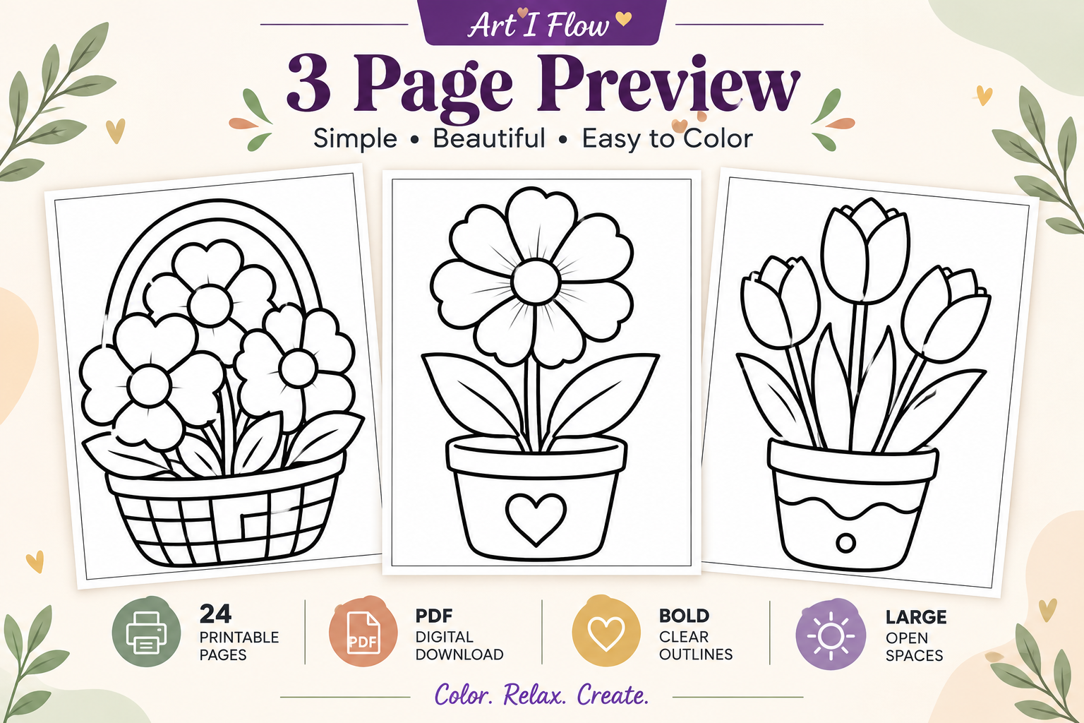 Large Print Flower Coloring Book – 24 Easy Printable Coloring Pages for Seniors, Adults & Beginners - Image 3