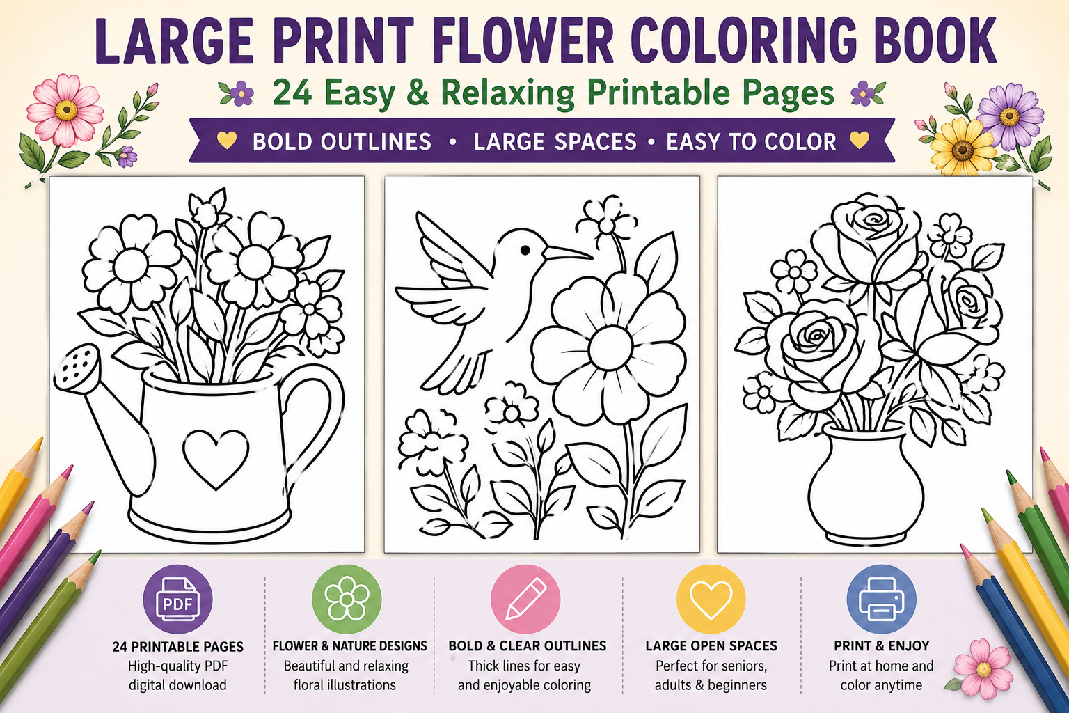 Large Print Flower Coloring Book – 24 Easy Printable Coloring Pages for Seniors, Adults & Beginners - Image 4