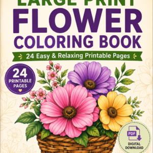 Large Print Flower Coloring Book – 24 Easy Printable Coloring Pages for Seniors, Adults & Beginners