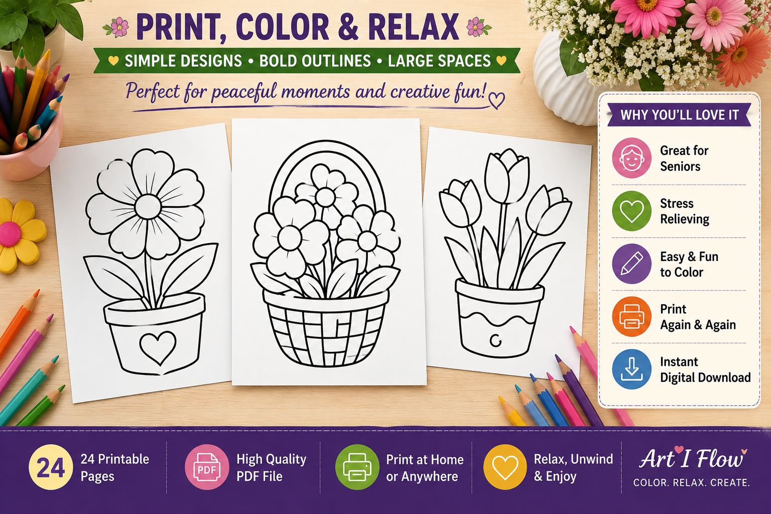 Large Print Flower Coloring Book – 24 Easy Printable Coloring Pages for Seniors, Adults & Beginners - Image 5