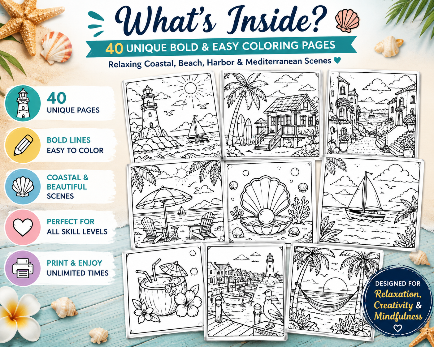 Coastal Escapes – 40 Bold & Easy Coastal Coloring Pages | Printable PDF | Instant Digital Download | Adult Relaxation Coloring Book - Image 2