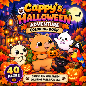 Cappy’s Halloween Adventure Coloring Book PDF – Cute Capybara, Ghosts, Pumpkins & Cozy Autumn Coloring Pages for Kids